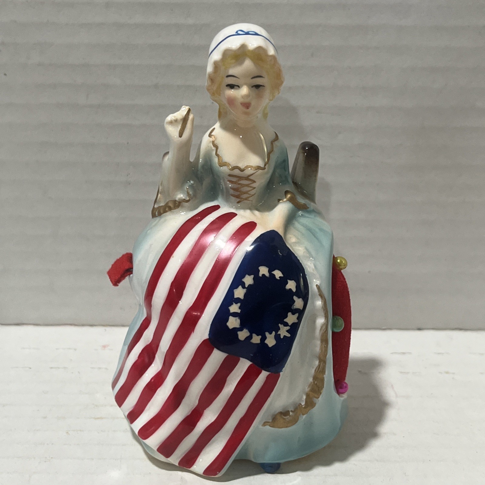Vintage Betsy Ross Tape Measure Pin Cushion 1976 Enesco Japan Bi-Centennial Item