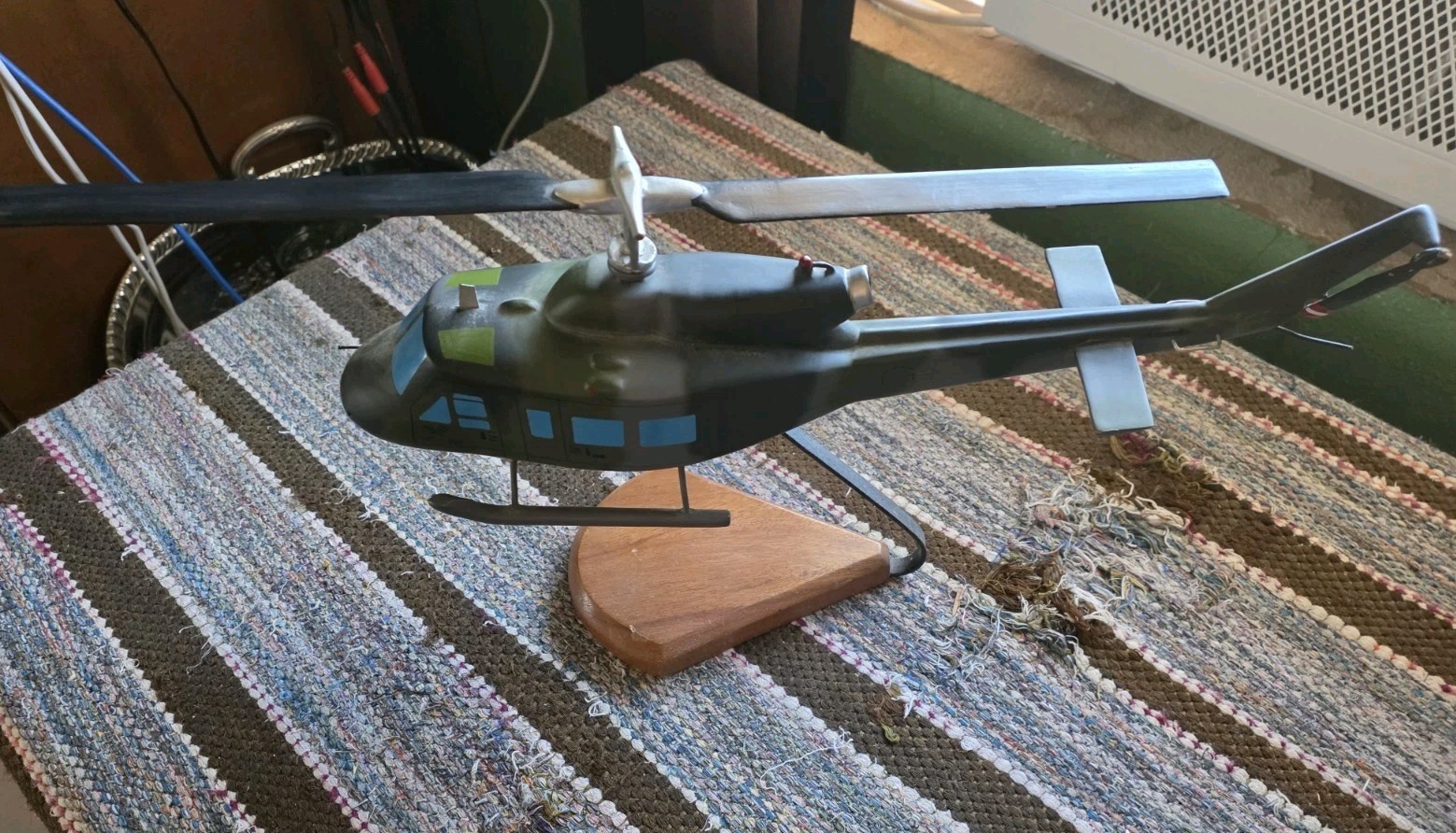 Bell UH-1 Huey Iroquois US Army Helicopter Mahogany Model w/ Base - Damaged
