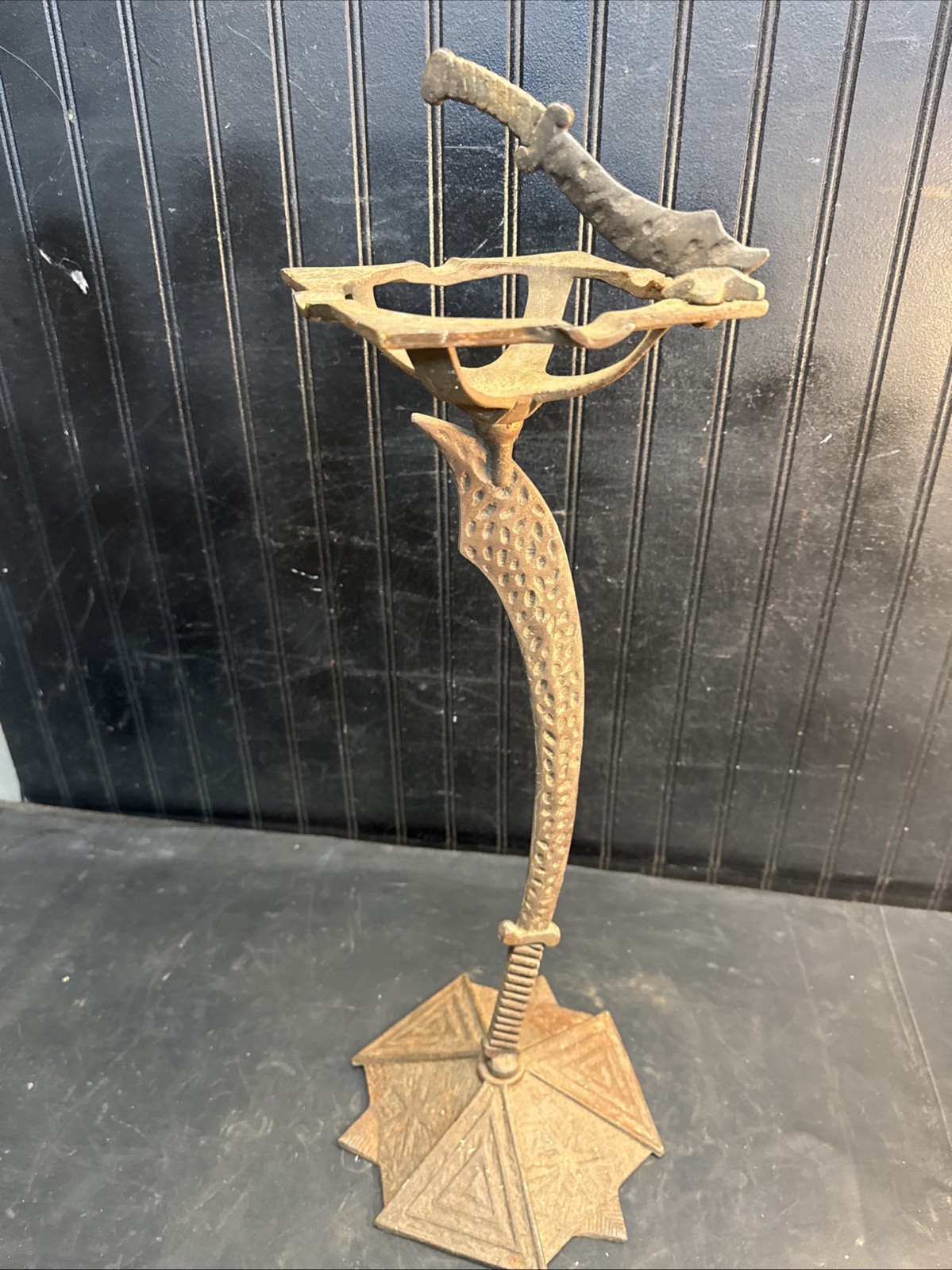 Antique Cast Iron Dagger Sword Ashtray Smoke Stand Shriners Temple