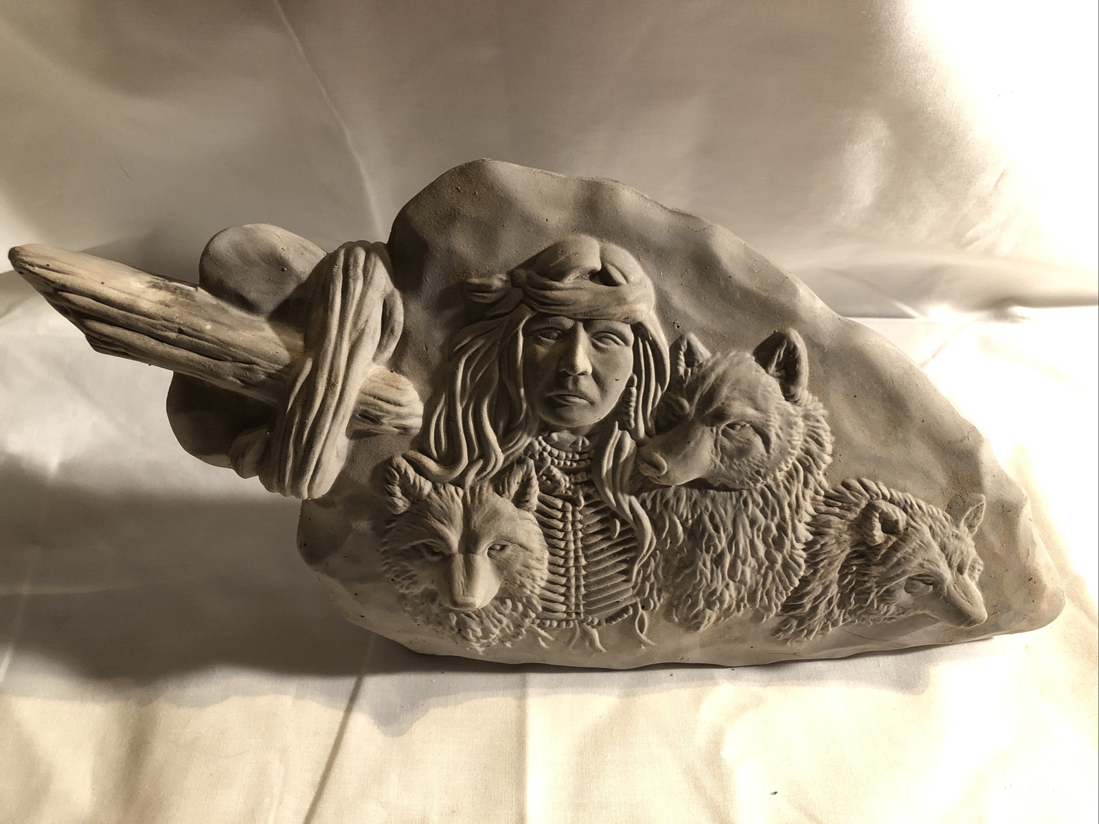 Vintage Ceramic Bisque Arrowhead Statue Figurine With Native American & Wolves Vintage Ceramic Bisque Arrowhead Statue Figurine With Native American & Wolves