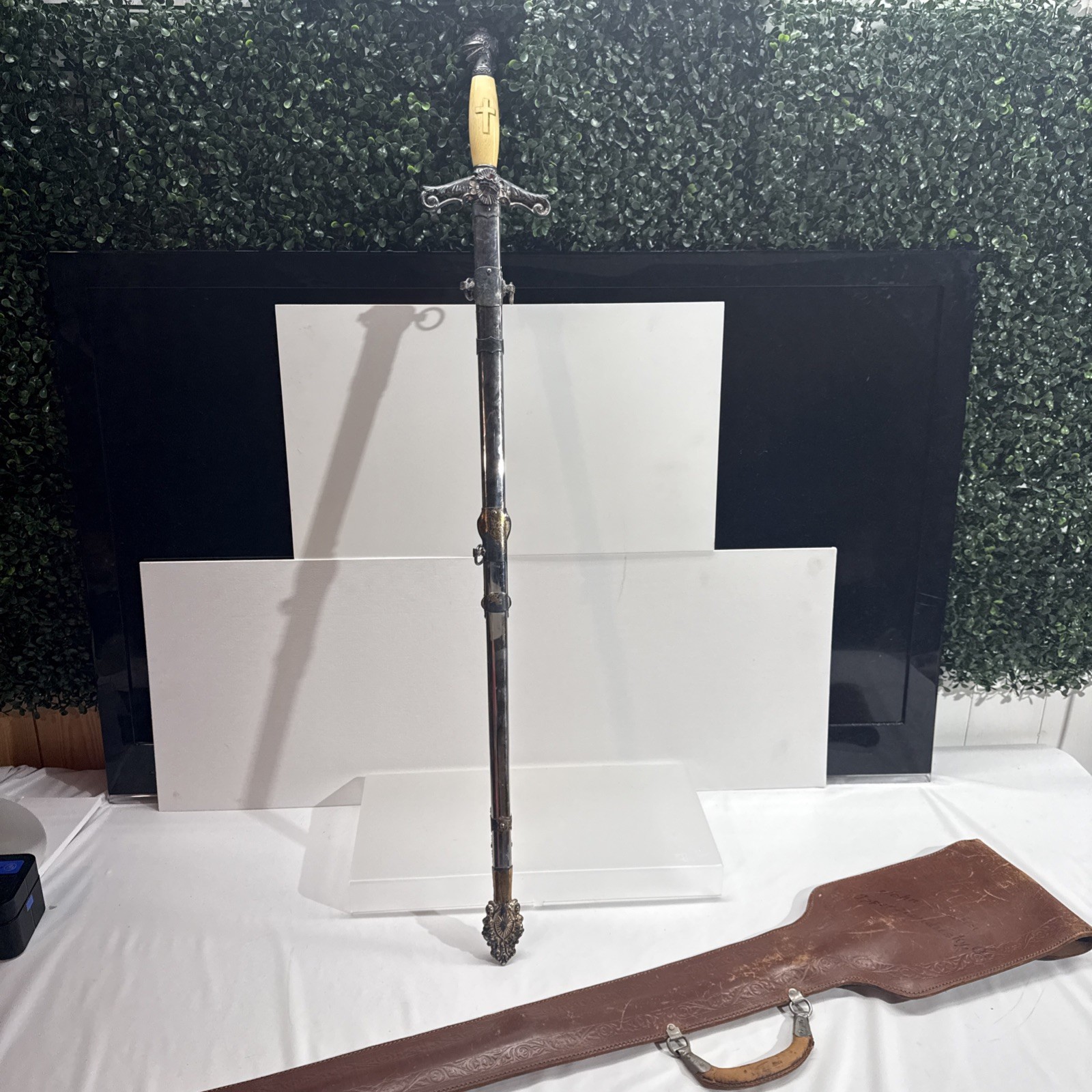 Antique Masonic Knights Templar Ceremonial Sword Highly Engraved w/ Sheath &Case