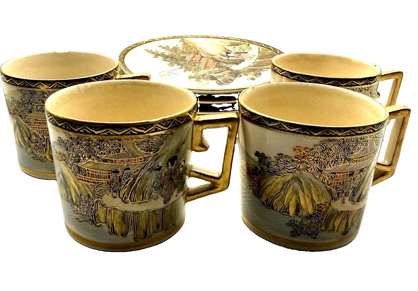 Set of 4 Antique Japanese Satsuma Demitasse Cups & Saucers Mt Fuji Hand Painted
