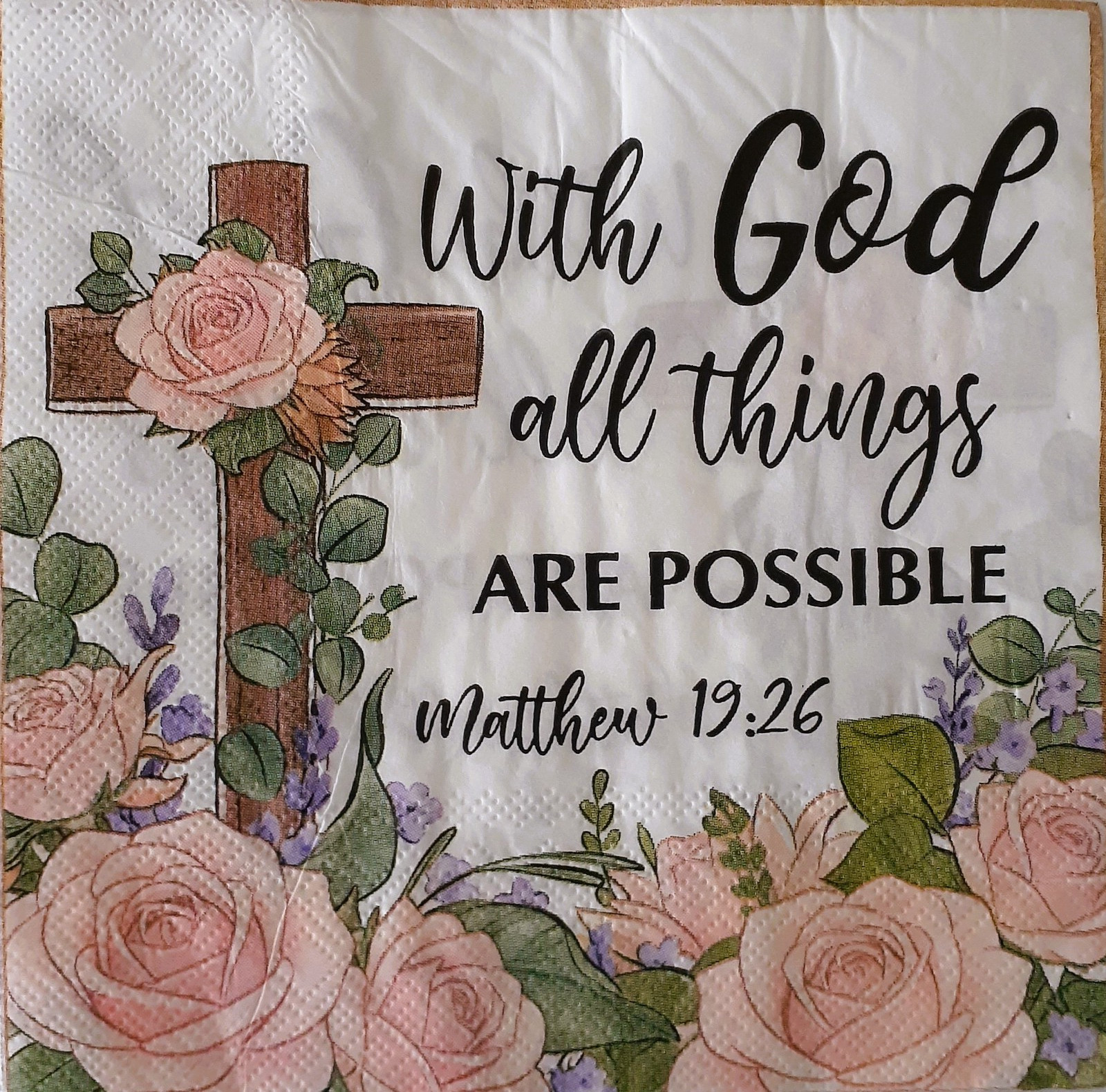 2 individual Paper Decoupage NAPKINS - CROSS GOD MATTHEW 1926 ROSES RELIGIOUS