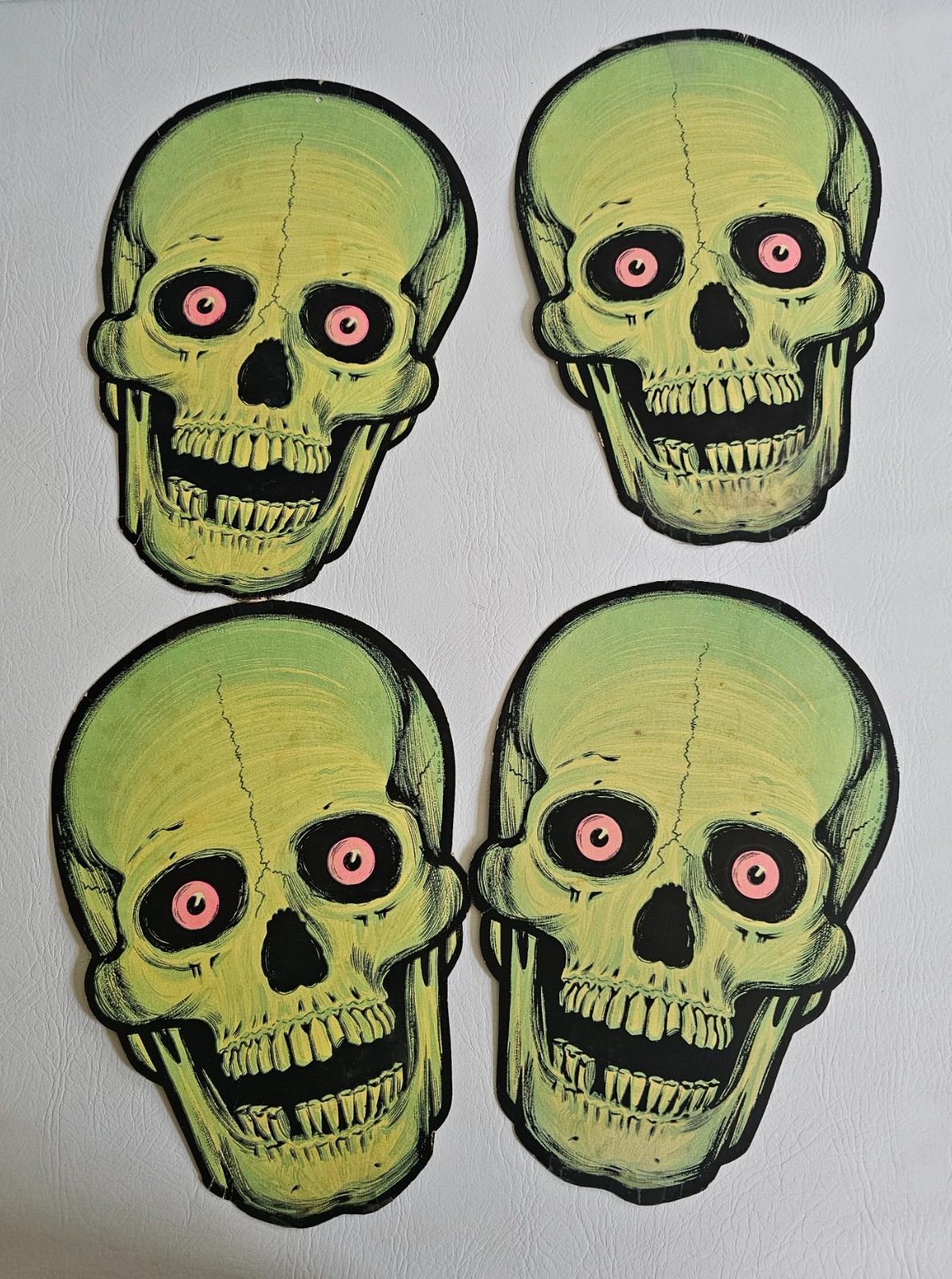 True Vtg SET OF FOUR (4) BEISTLE GLOW IN THE DARK SKULL DIE CUTS Halloween 13\
