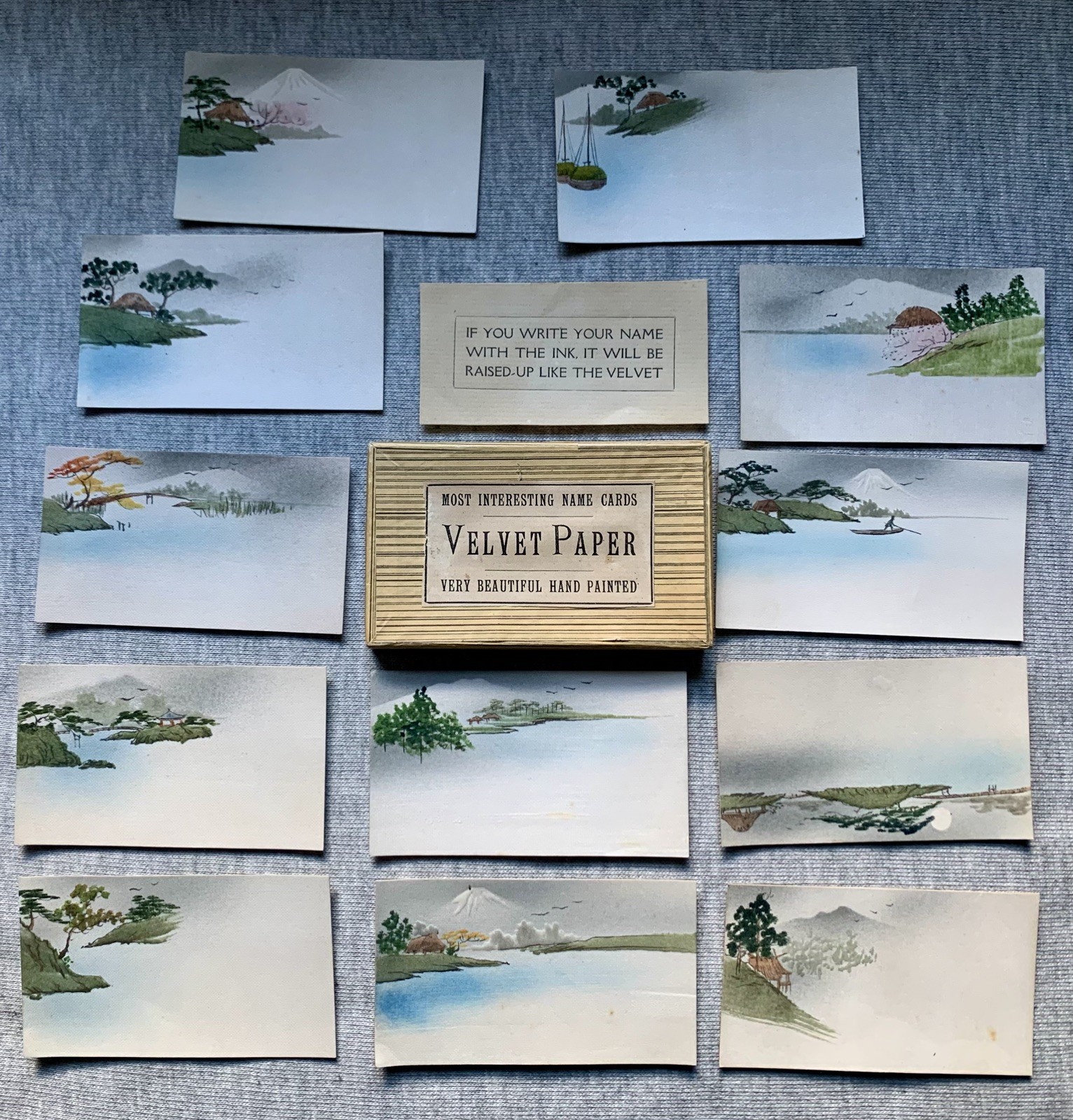 Lot of 12 Vtg Hand-Painted Japanese Place Name Cards Velvet Paper 1930-40’s Lot of 12 Vtg Hand-Painted Japanese Place Name Cards Velvet Paper 1930-40’s