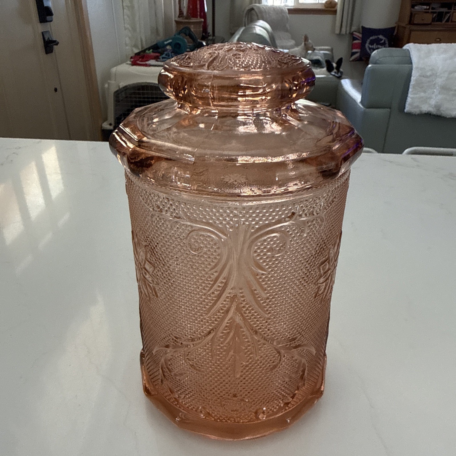 Vintage Indiana Glass Company Tiara Peach Pink Sandwich Glass Lidded Canister
