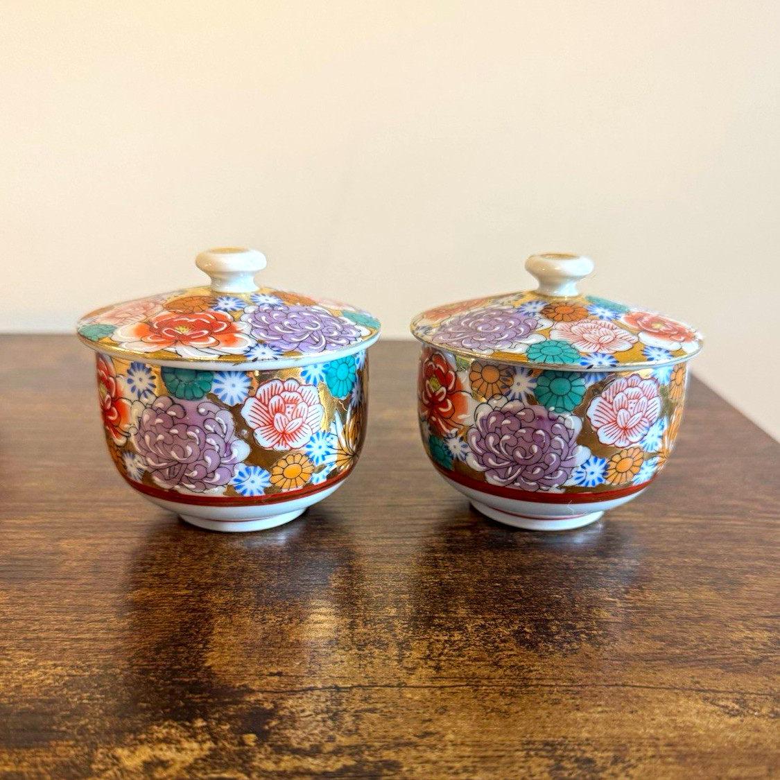 Vintage Japanese Kutani Ware Lidded Teacups Yunomi Pair - Gold Hanazume Floral