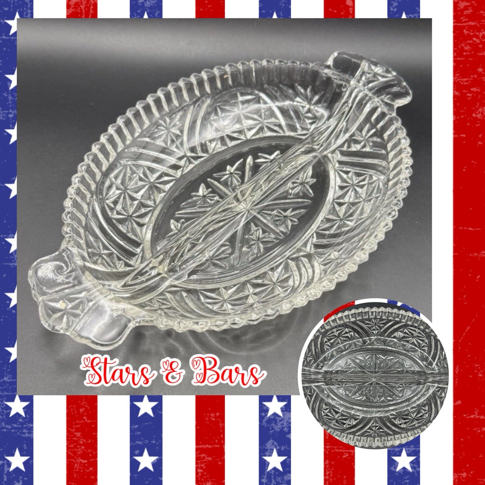 Vintage Anchor Hocking Stars & Bars Divided Oval Dish W/Handles Beautiful