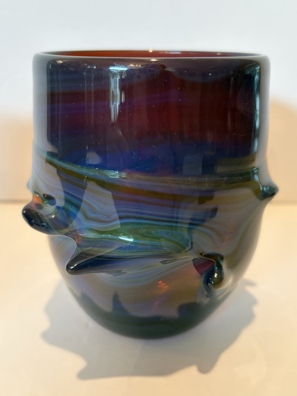 FREDERICK WARREN Hand Blown Art Glass Knobby Tumbler Amethyst Blue Swirls Signed FREDERICK WARREN Hand Blown Art Glass Knobby Tumbler Amethyst Blue Swirls Signed