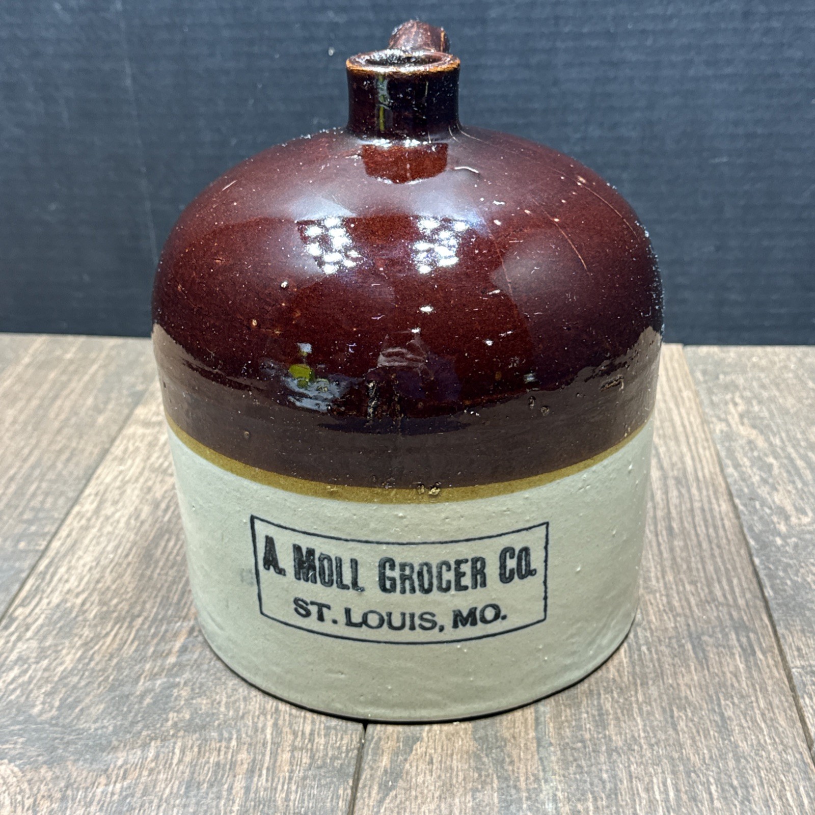 Antique A Moll Grocer Co, St Louis, MO Crock Jug 1-1/2 gallon