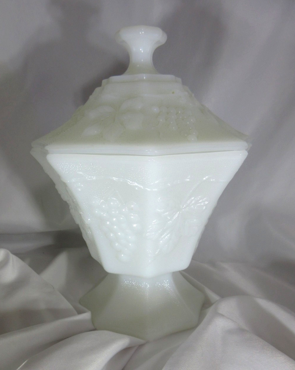 Vintage Milk Glass Covered Candy Dish Grape Vine Pedestal Compote