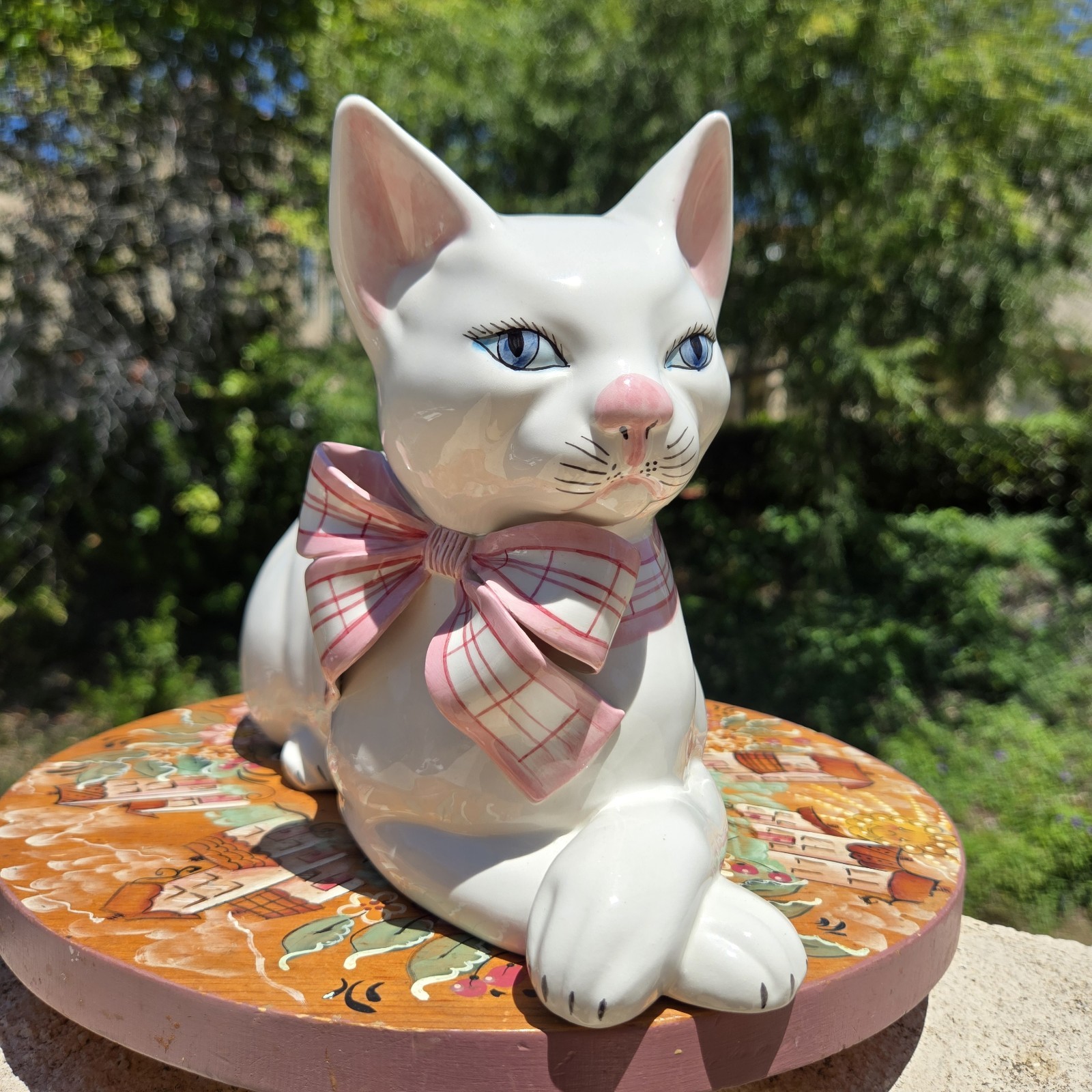 VTG Port O Cale Italy White Ceramic Cat Figurine Pink Plaid Bow Hand Painted MCM VTG Port O Cale Italy White Ceramic Cat Figurine Pink Plaid Bow Hand Painted MCM