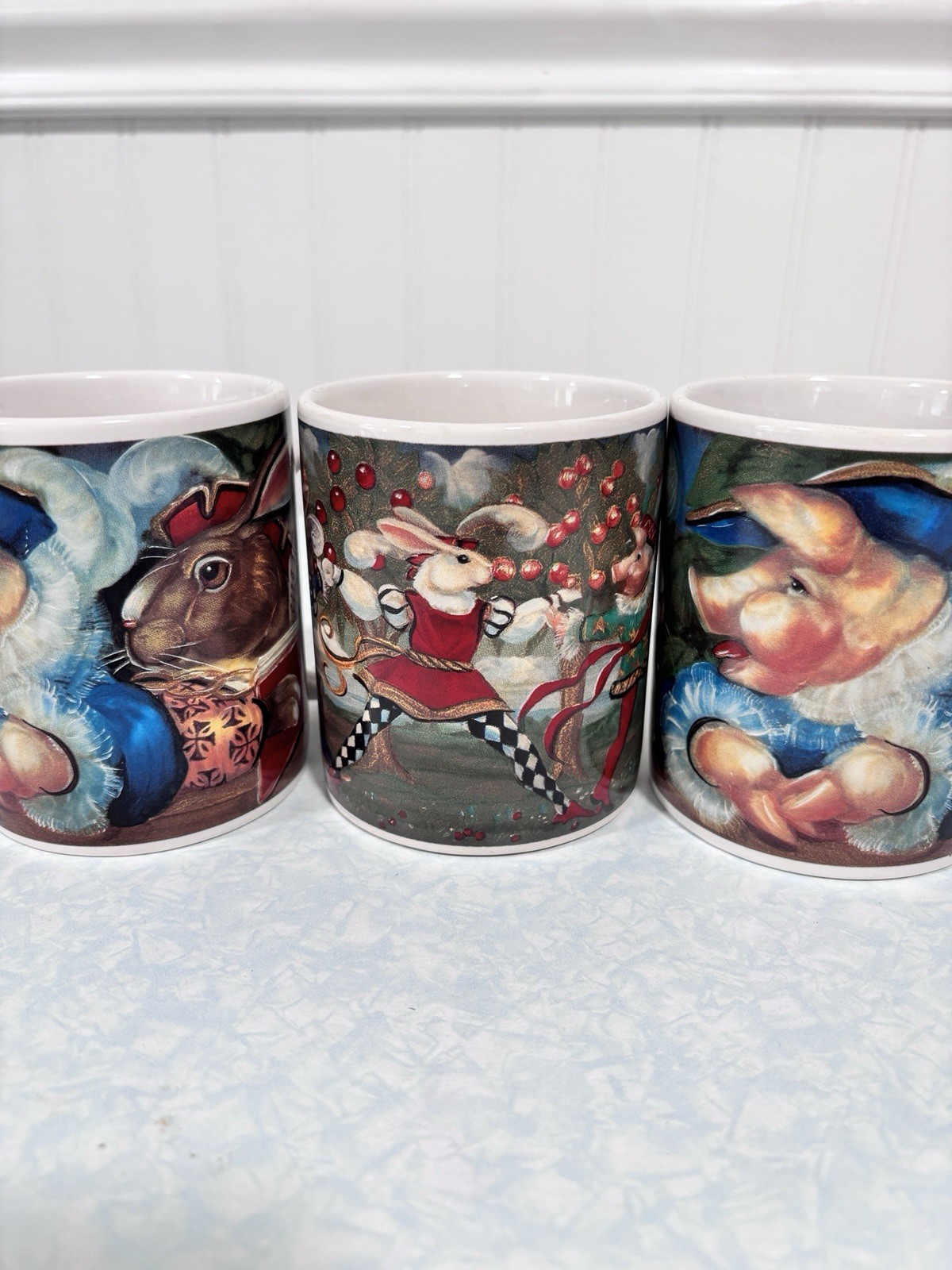 3 VTG Buon Giorno Mugs Renaissance Story Book Rabbits In Historical Dress Whimsy