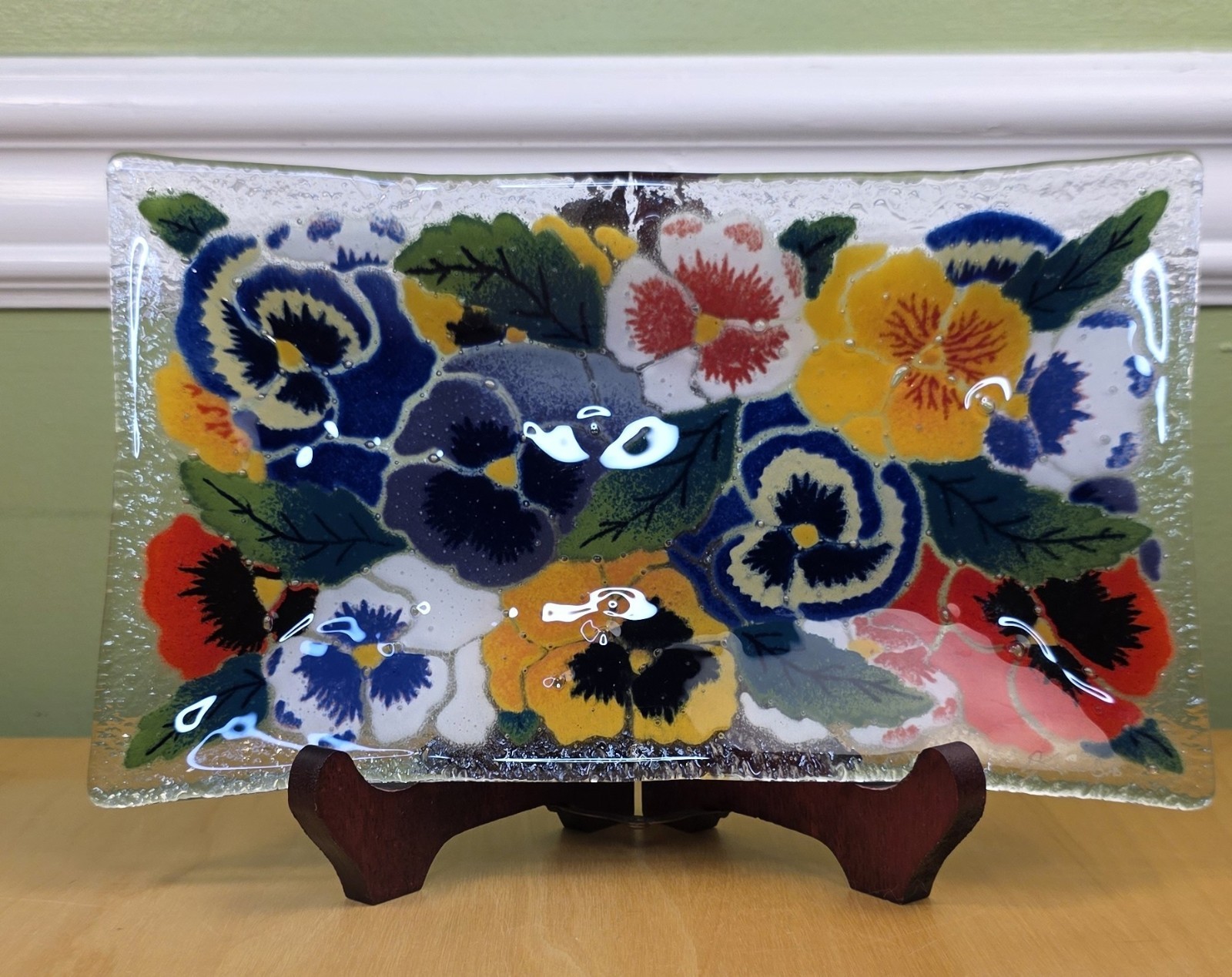 Peggy Karr Art Glass Plate Pansy Floral Fused Glass 12\