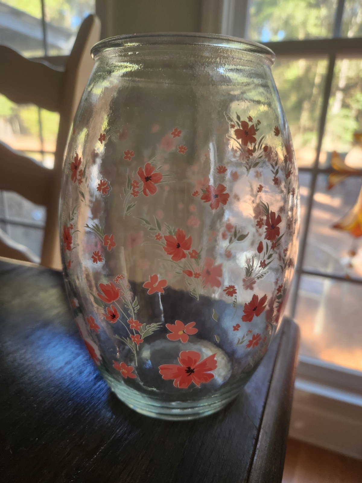 Vintage Cottage Floral  Clear Glass Vase 7 Inches Tall