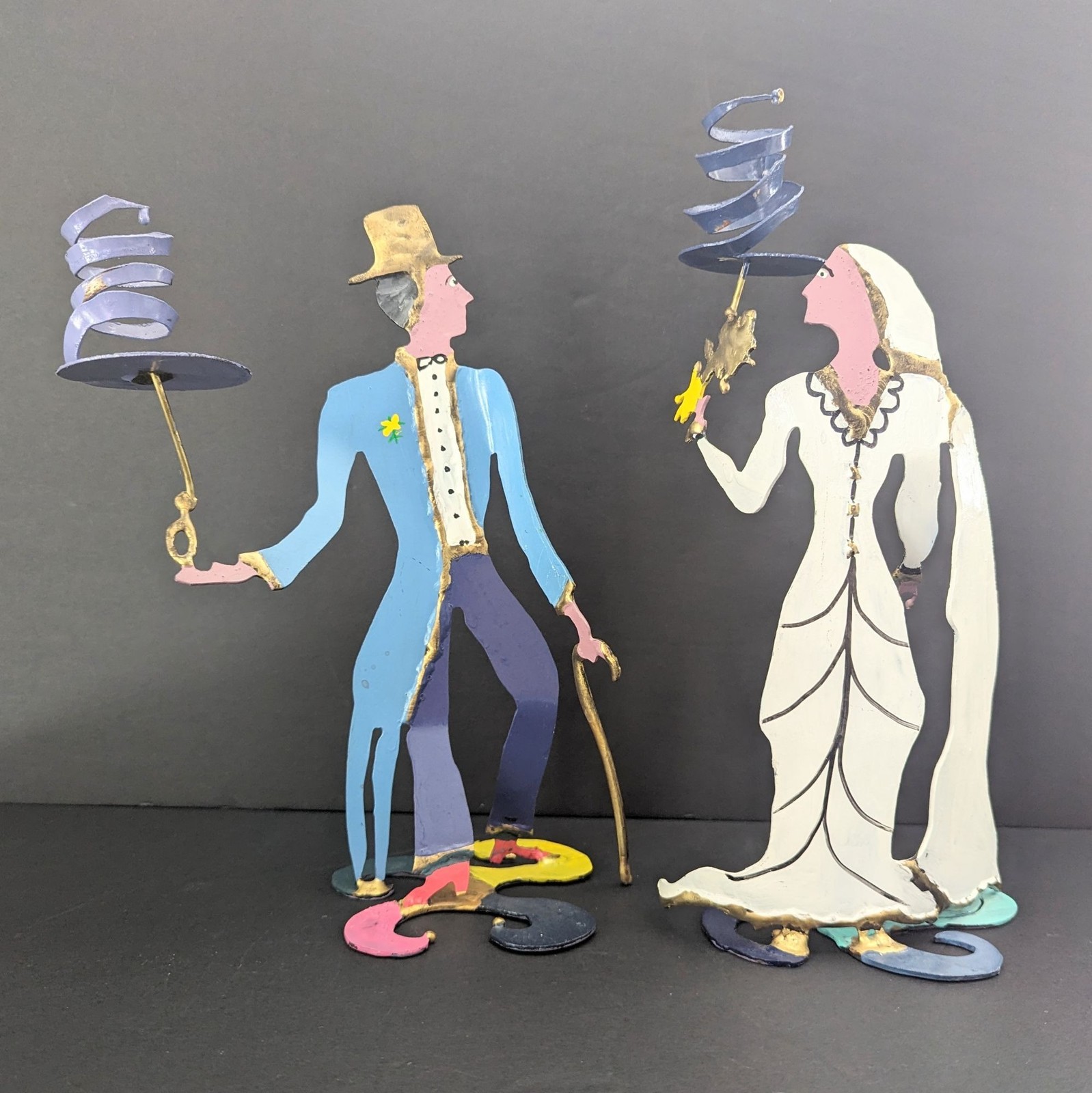 Piper Strong Hand Painted Metal Whimsical Sculptural Man Woman Candle Holders 