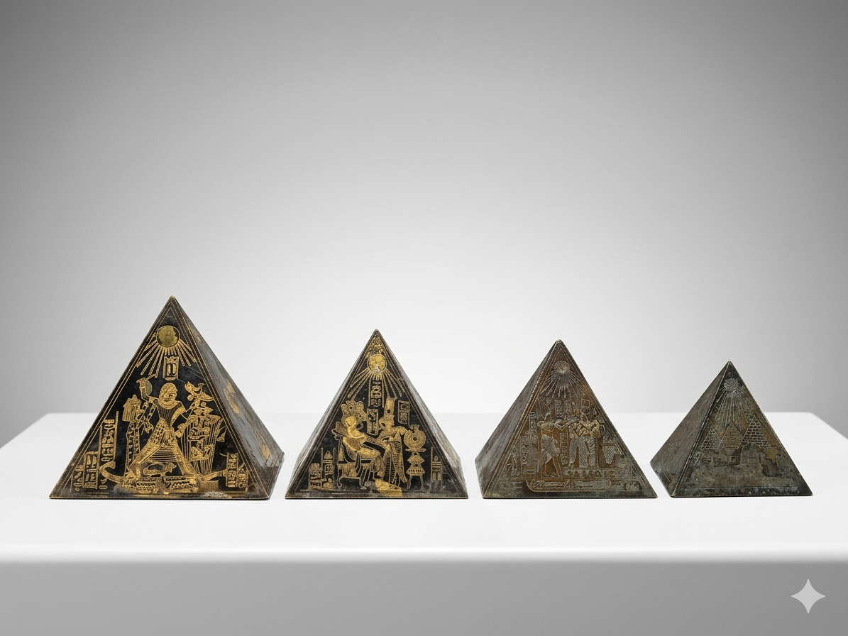 Set of 4 Vintage Egyptian Pyramids Bronze Style Etched Figurines - Ancient Decor Set of 4 Vintage Egyptian Pyramids Bronze Style Etched Figurines - Ancient Decor