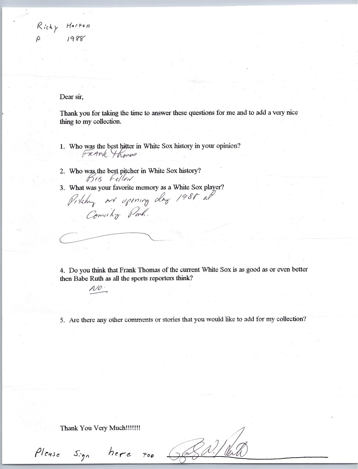 Boog Powell Autographed Letter Baseball Questionnaire White Sox Signed 8x10