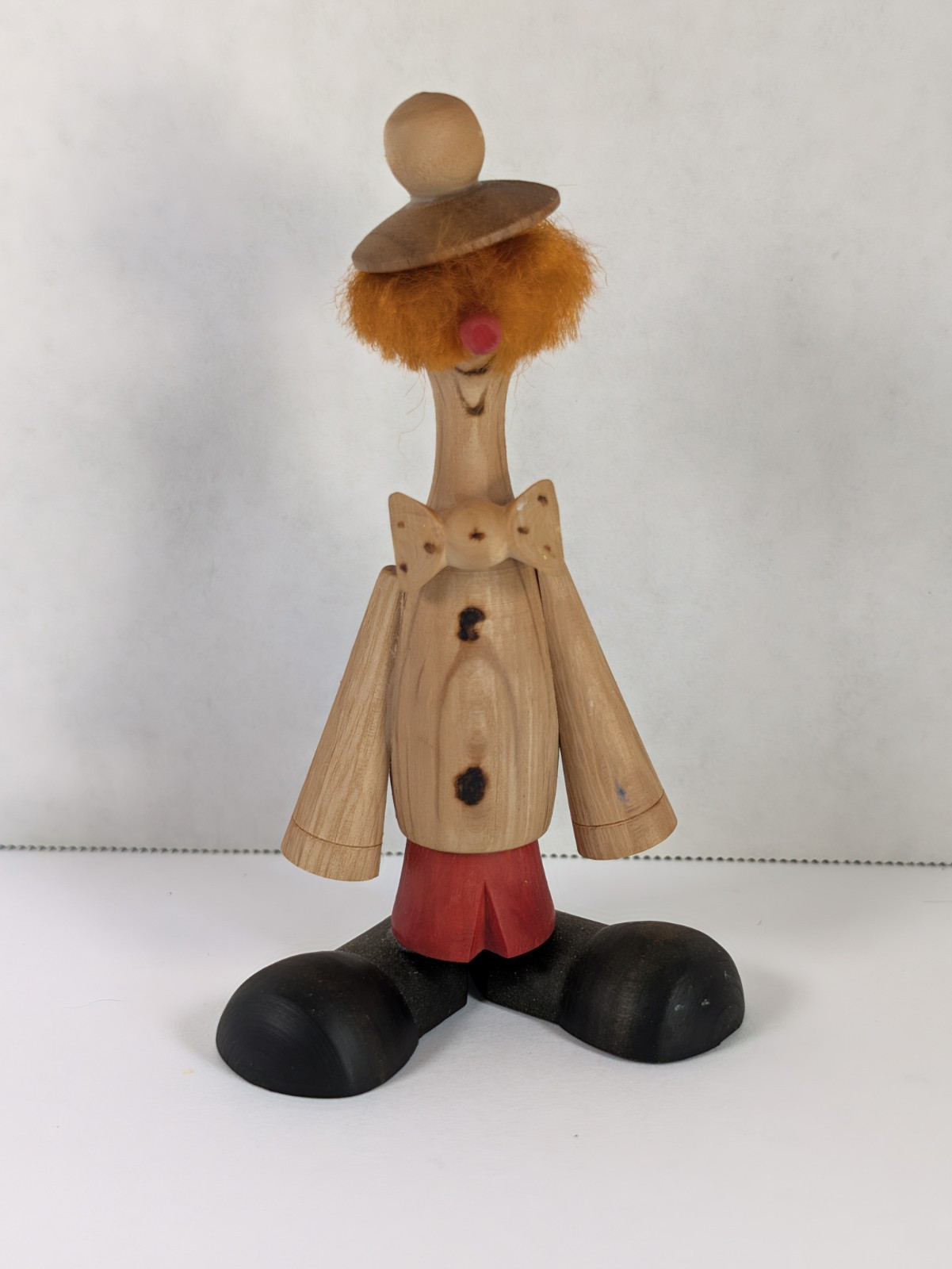 ​Vintage Wooden Clown Folk Art Turned Wood Retro Red Hair Big Shoes