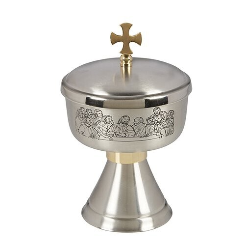 Ciborium, Last Supper Etched Ciborium with Cross Cover, Church Communion Ciboria