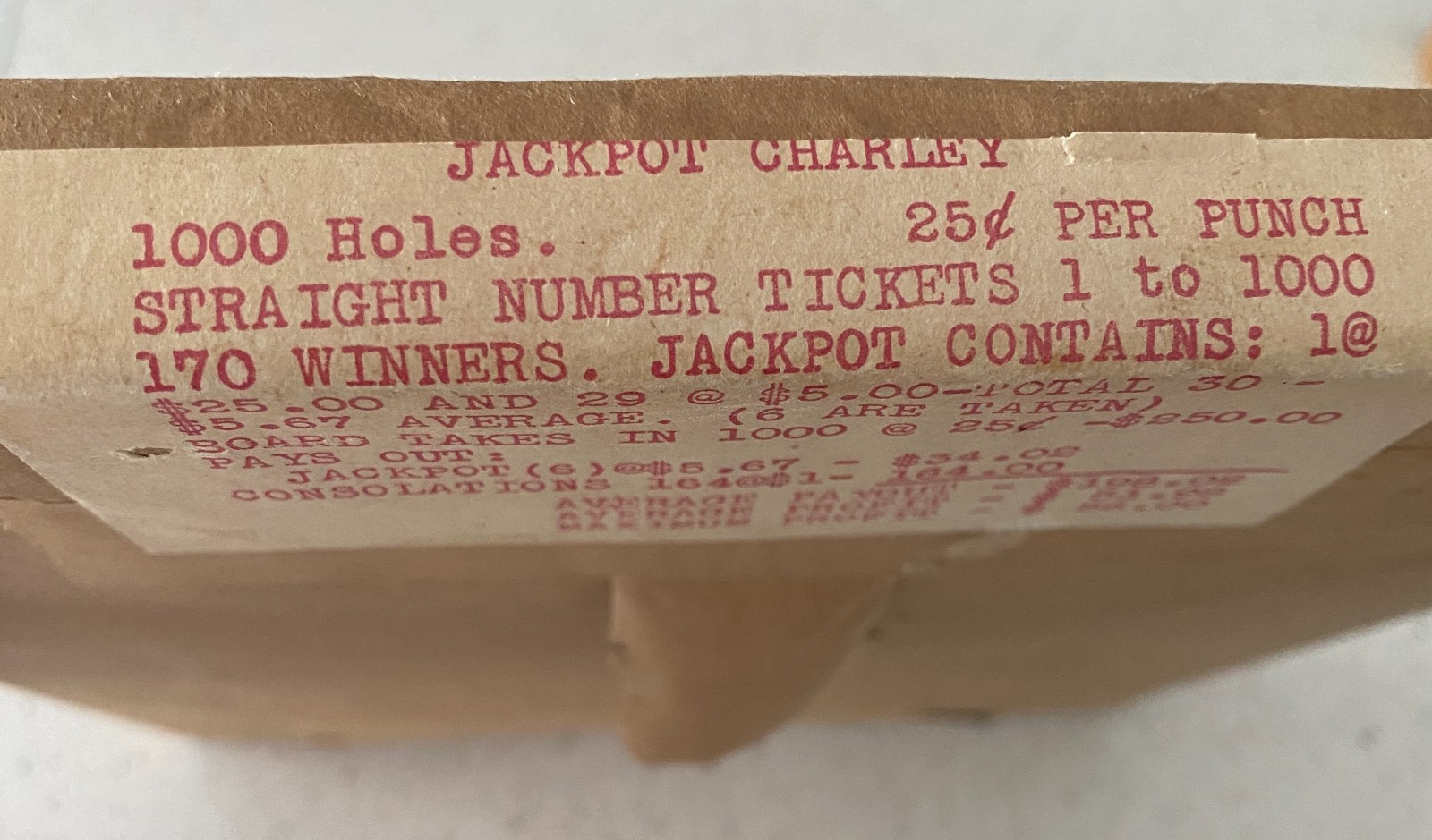 Vintage Jackpot Charley 25 Cent Gambling Punch Board 1000 Holes Trade Stimulator