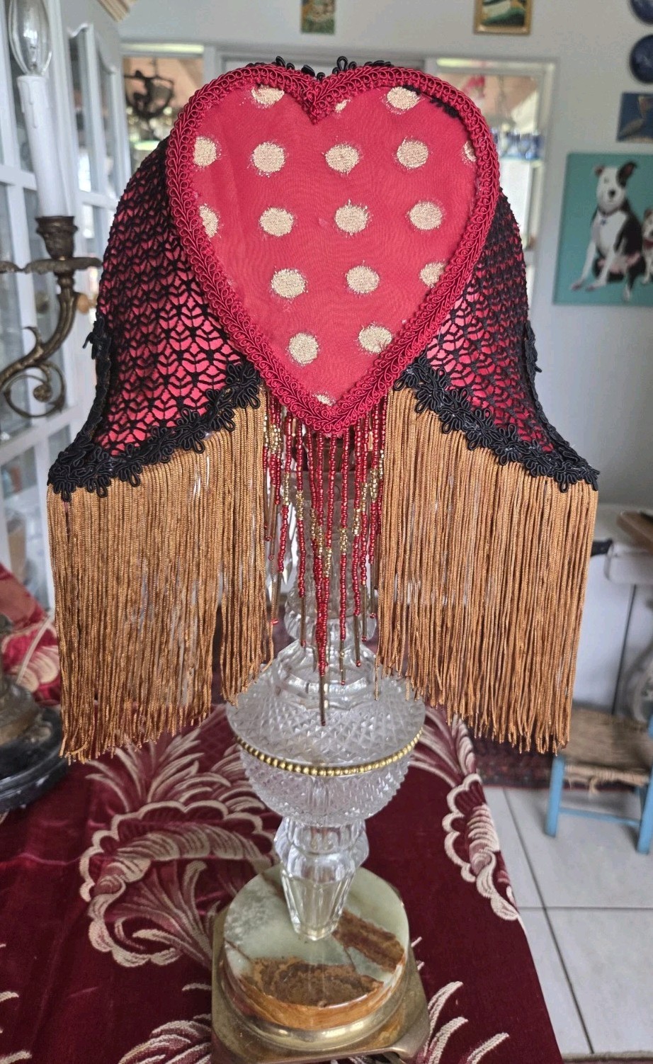 Antique Style Boudoir Lamp Shade, fringes & Beads, Red Gold & black Handmade Antique Style Boudoir Lamp Shade, fringes & Beads, Red Gold & black Handmade