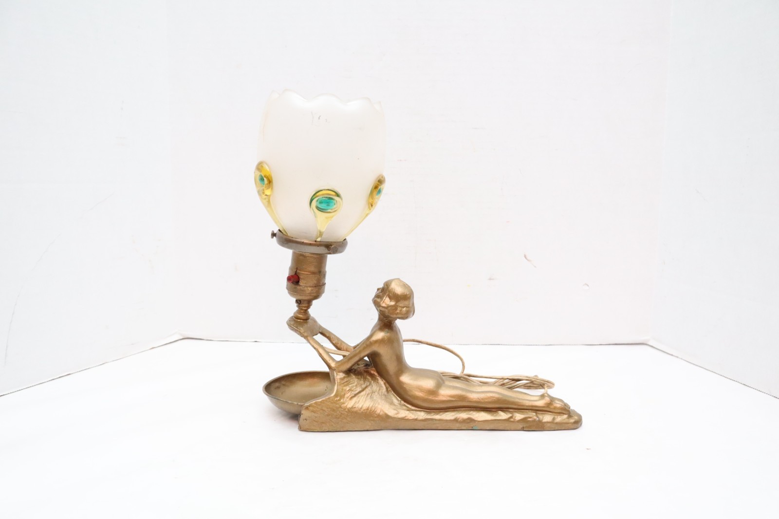 ATQ Art Deco Nude Woman Lady Figural Table Lamp Stuart & Sons Art Glass Shade
