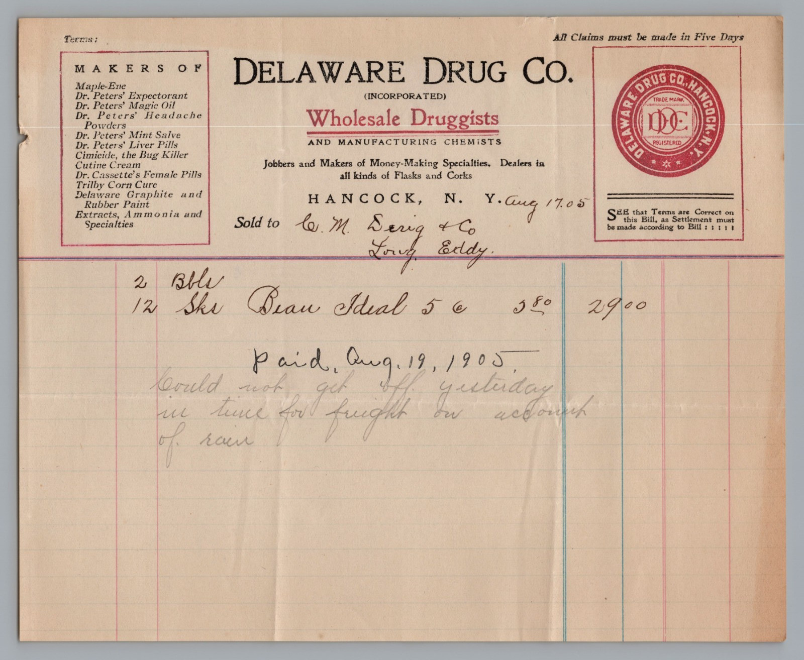 1905 Billhead  Delaware Drug Co. Wholesale Druggists, Hancock, N.Y