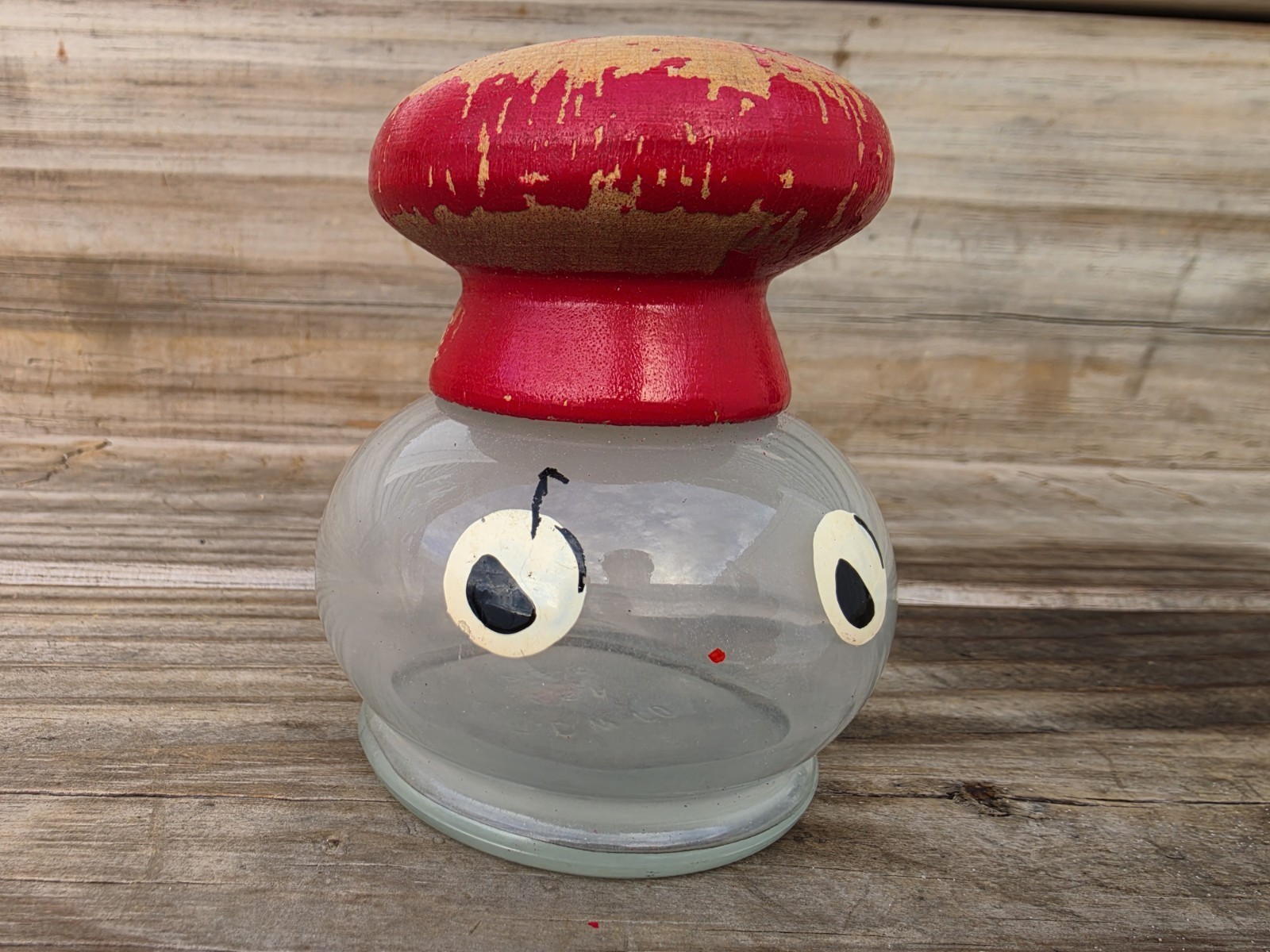 Rare Vintage 1951 TC Wheaton Red Wood Topped Hand Painted Kitschy Glass Jar Rare Vintage 1951 TC Wheaton Red Wood Topped Hand Painted Kitschy Glass Jar