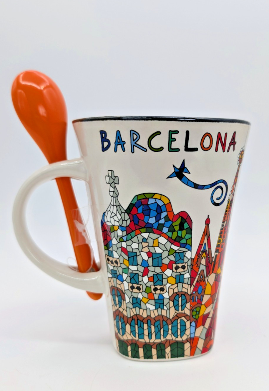 Barcelona Spain Ole Mosaic Ceramic Mug With Matching Spoon