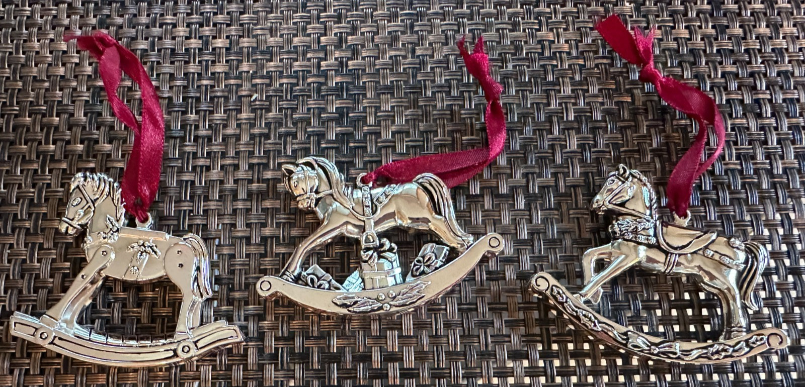 NIB  3 Gorham Rocking Horse Christmas Ornaments in Box SP Nickel