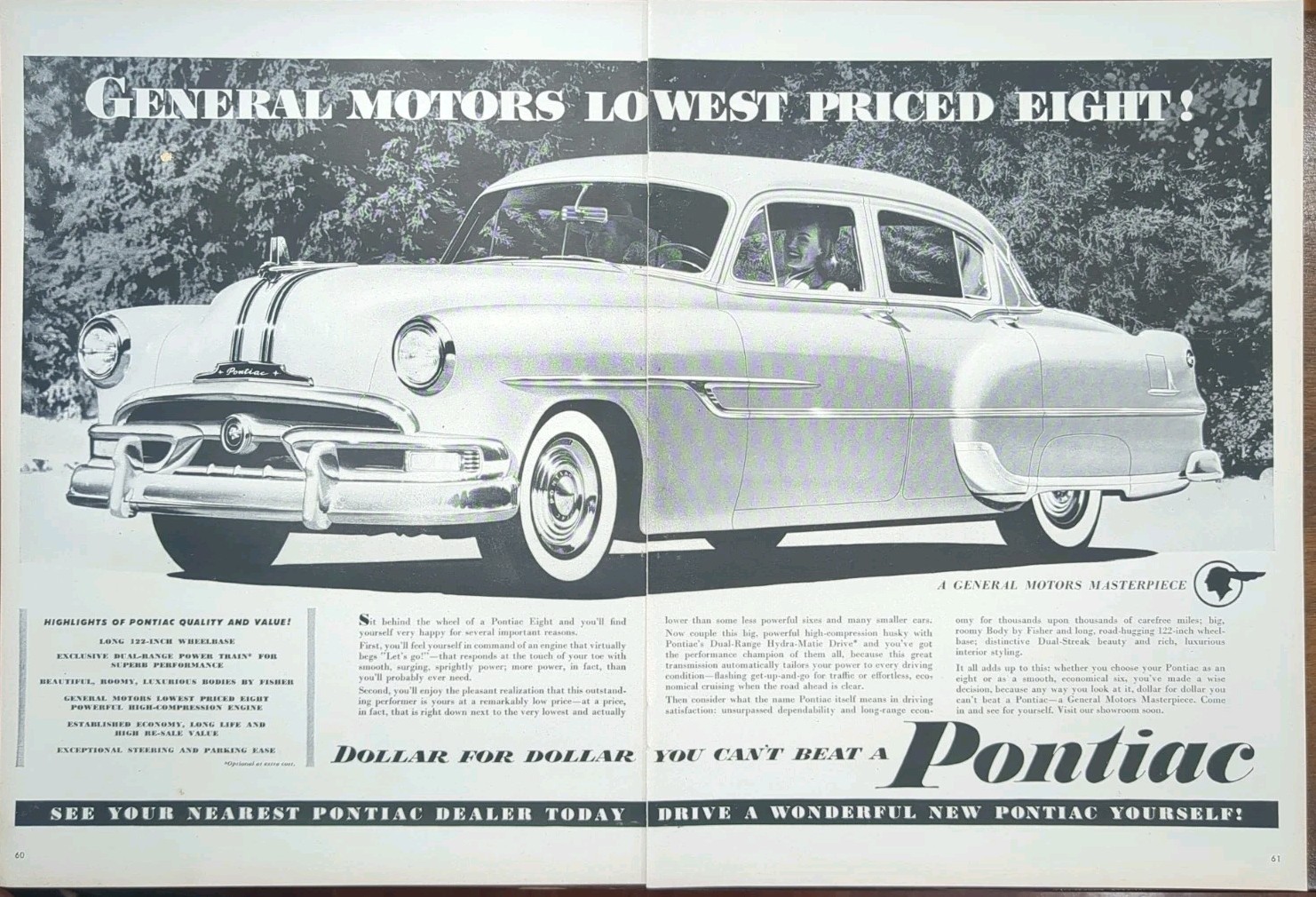 1953 Pontiac automobile print ad, Black & White General Motors Division 