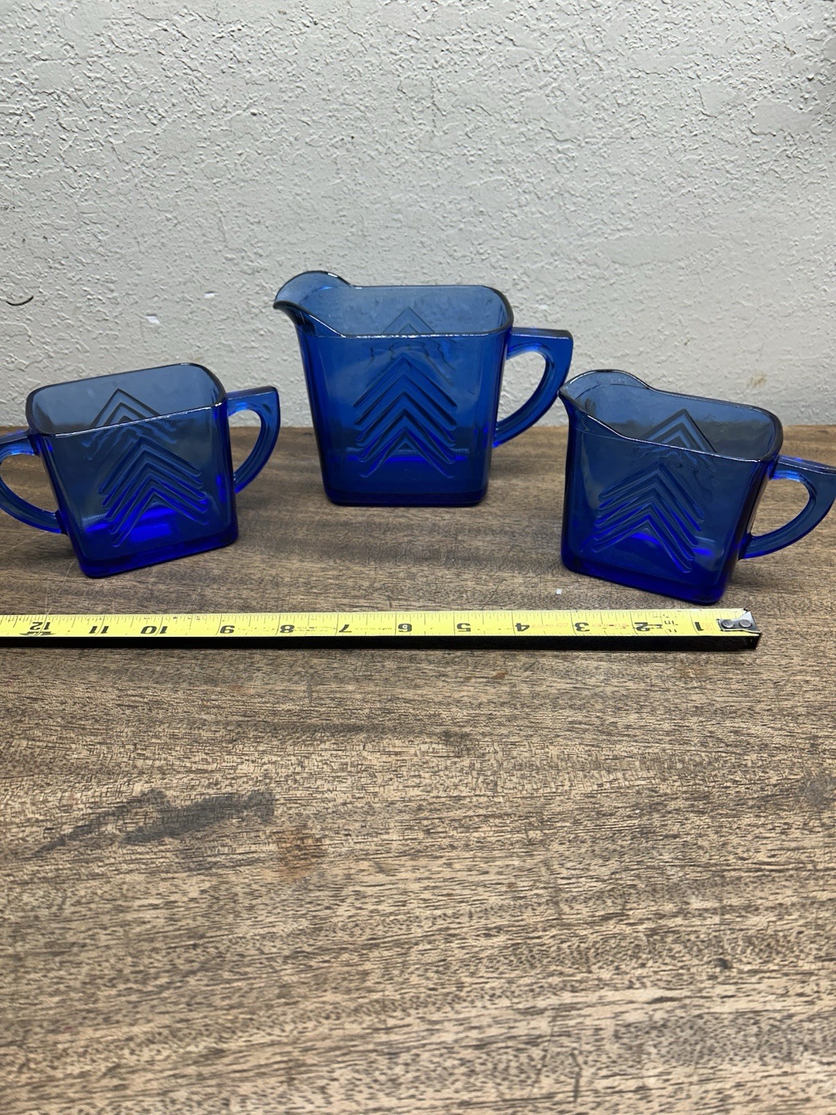 Vintage Hazel Atlas Cobalt Blue Glass Chevron Creamer/Milk Pitcher & Sugar Set