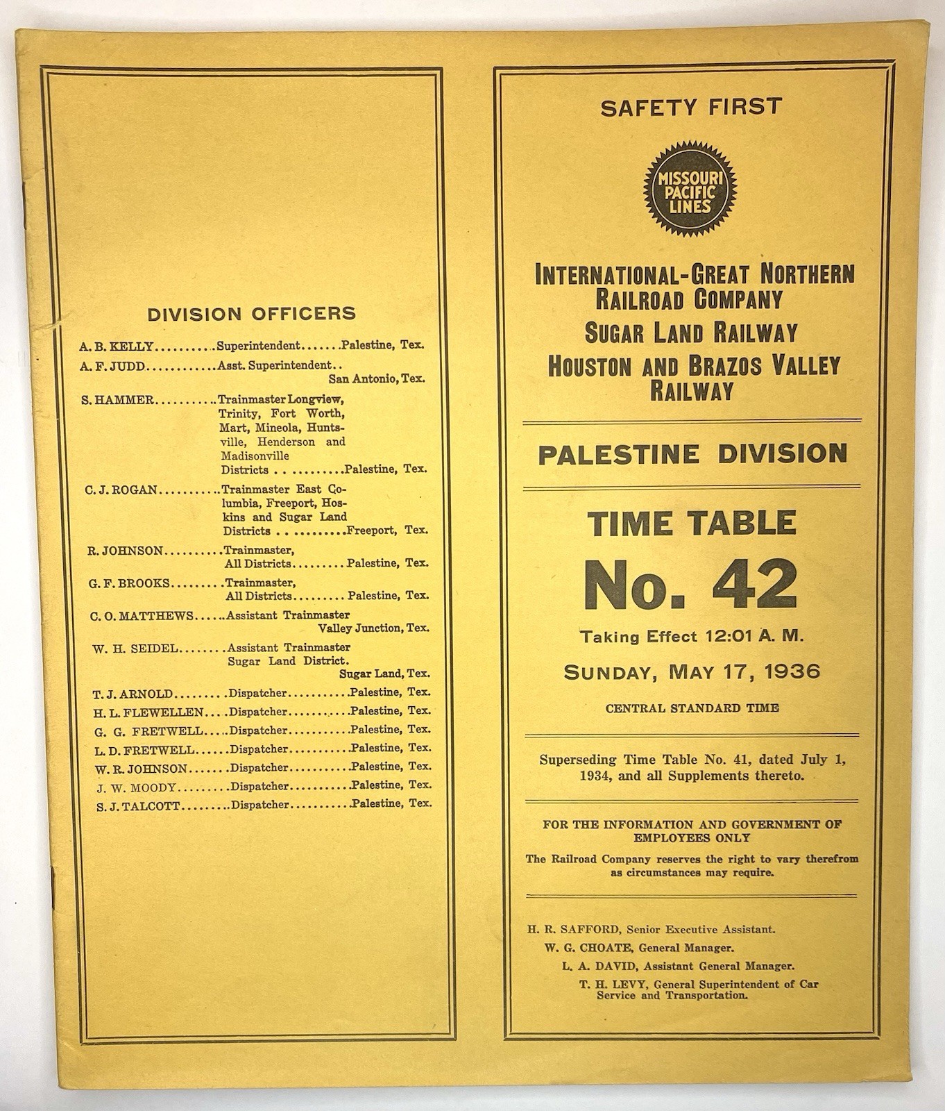 1936 International Great Northern Railroad ETT Timetable 42 Palestine Texas I-GN
