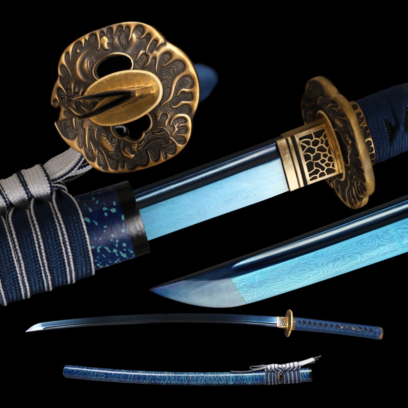 Hand Forged Japanese Samurai Sword Blue Flame Damascus Blued Full Tang