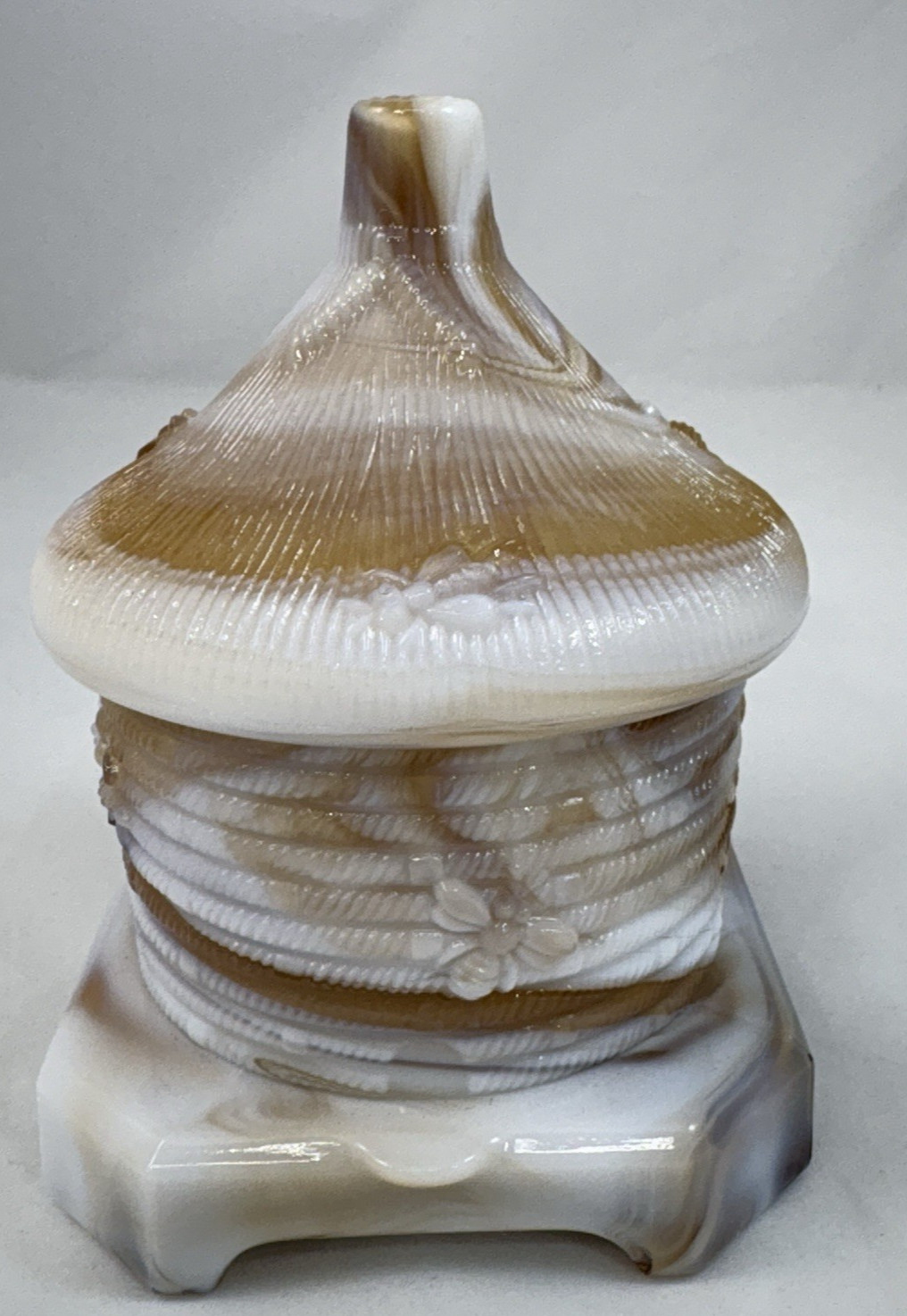 Imperial Caramel Slag Glass Beehive Covered Dish-MARKED