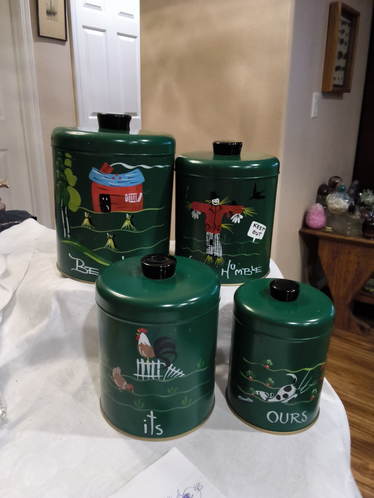 MCM HAND PAINTED RANSBURG GREEN METAL CANISTERS COTTAGE CORE CHARM WHIMSICAL  M2