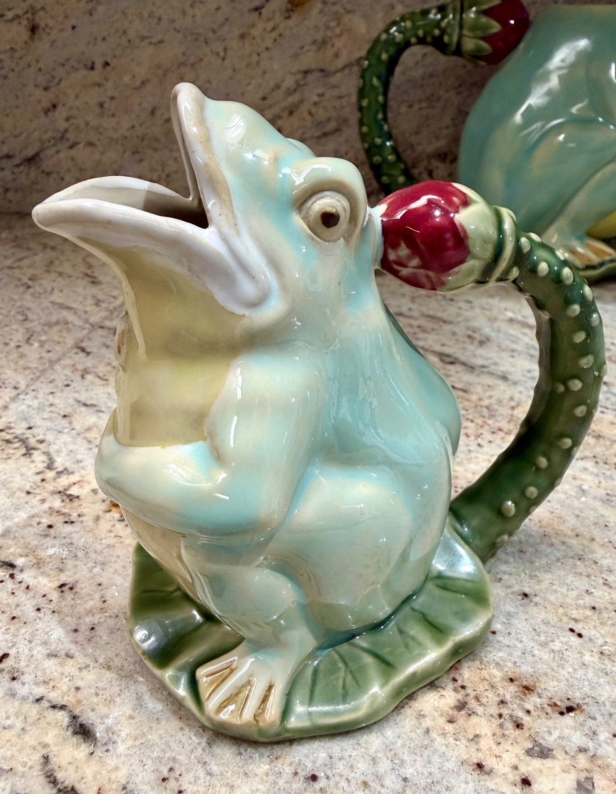 VTG Majolica Style Whimsical Ceramic Frog Creamer On Lily Pad 5”