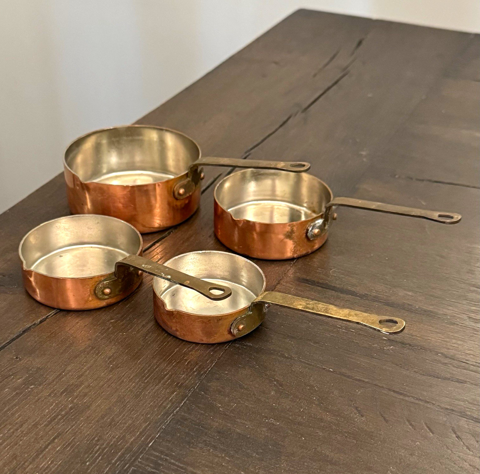 Vintage Copper Measuring Cups Set of 4 Brass Handles Pour Spouts Nesting