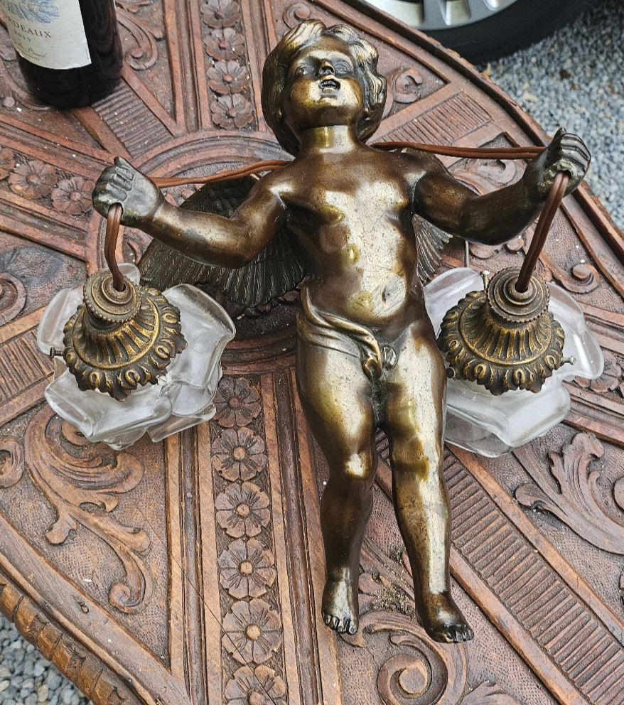 Antique Bronze Cherub angel putto Figural Ceiling lamp chandelier