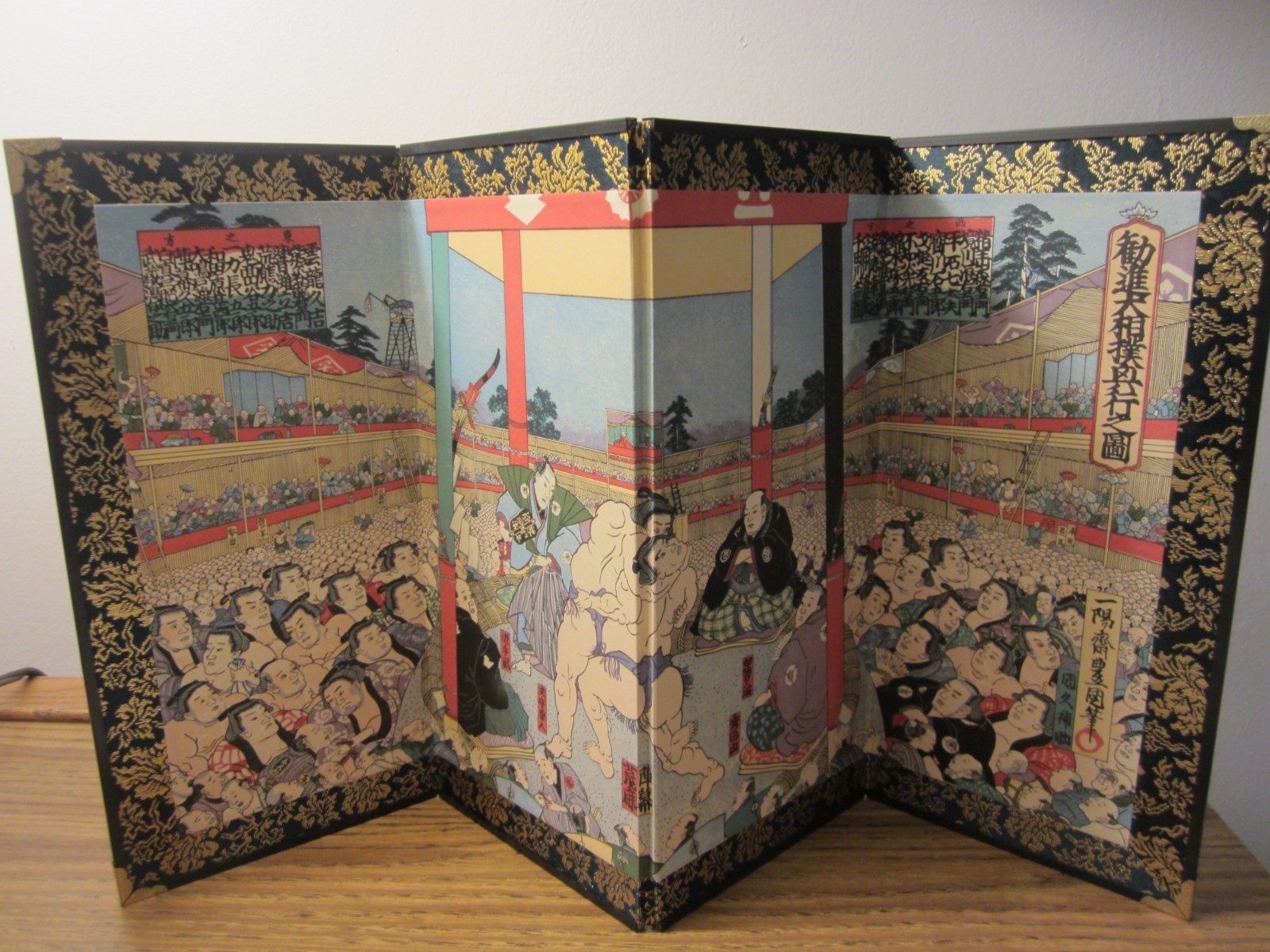Japanese Mini Folding Screen Byobu Sumo Wrestling Toyokuni Kyoto Fukuasahido