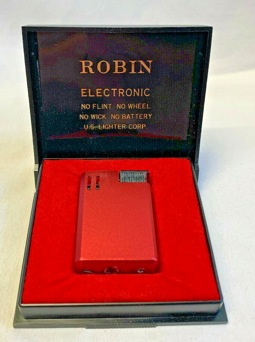 Vtg Robin Lighter Electronic Red In Presentation Box U.S. Lighter Corp Vtg Robin Lighter Electronic Red In Presentation Box U.S. Lighter Corp
