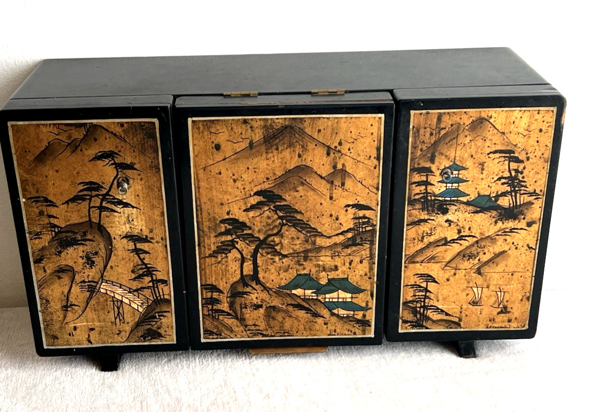 VINTAGE BLACK LACQUERED JAPAN JEWELRY MUSIC BOX ANIMATED MUSIC, DANCER
