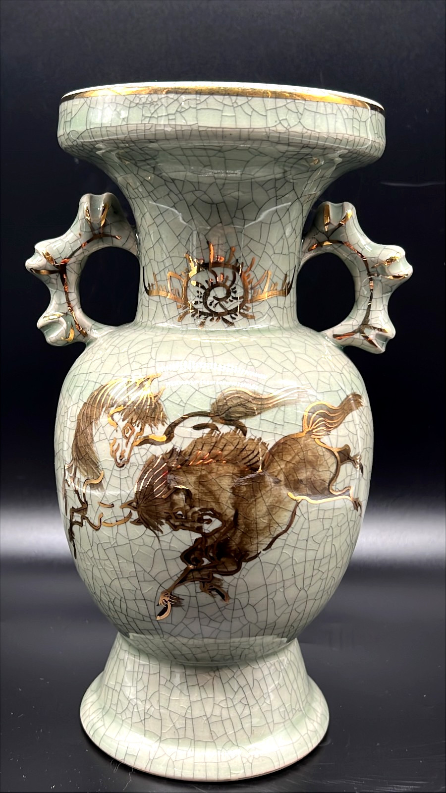 VTG Japanese Soma Ware Green Crackle Vase Gold Porcelain Horses 9.75