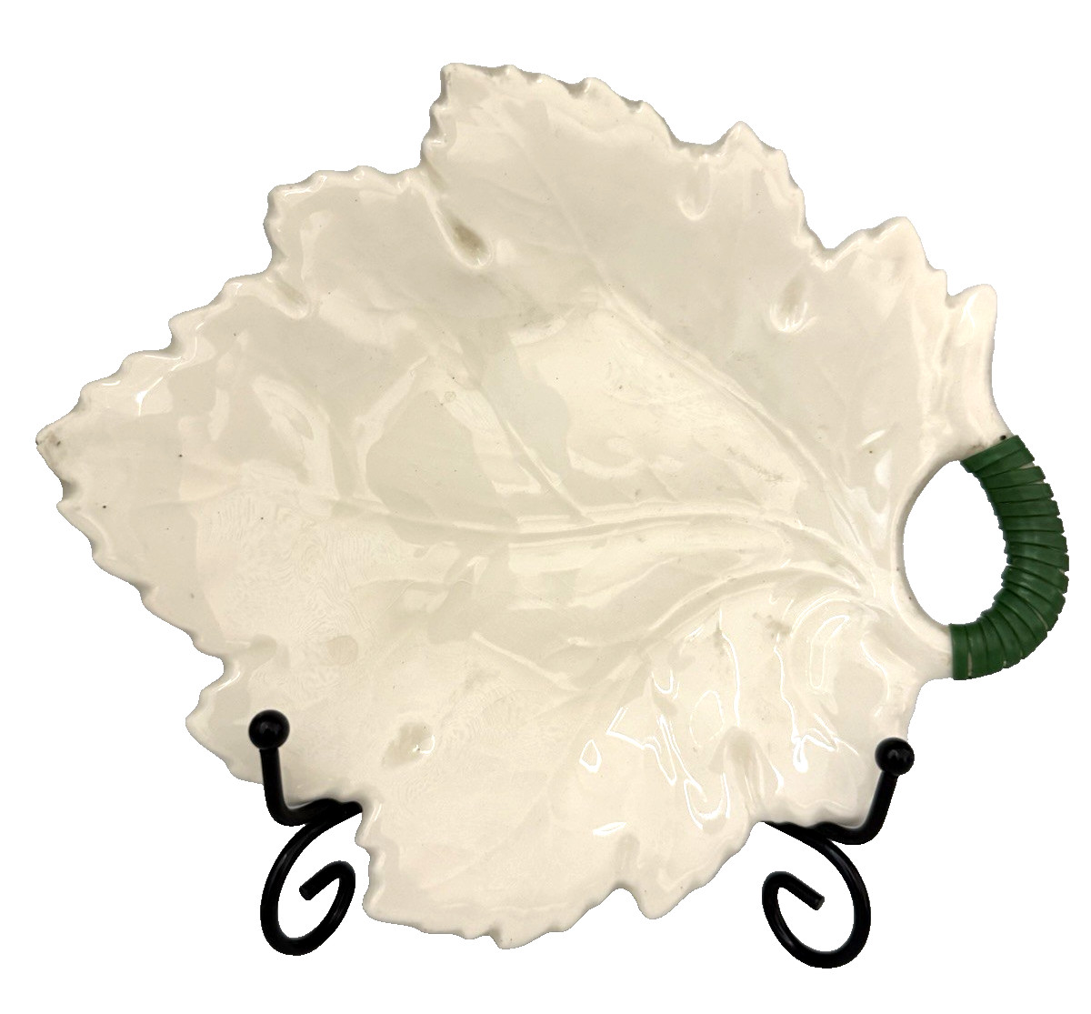 Vintage UM Ivory Leaf Shaped Candy Dish/Trinket Dish/Serving Dish w/Green Handle