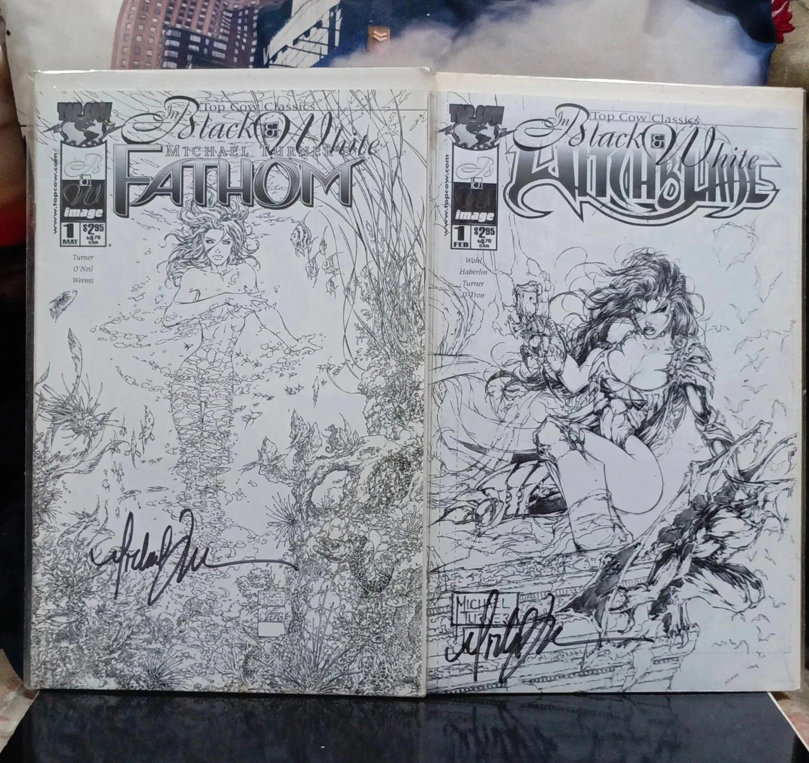 FATHOM #1 Black & White comic and WITCHBLADE #1,All SIGNED by Michael Turner RIP