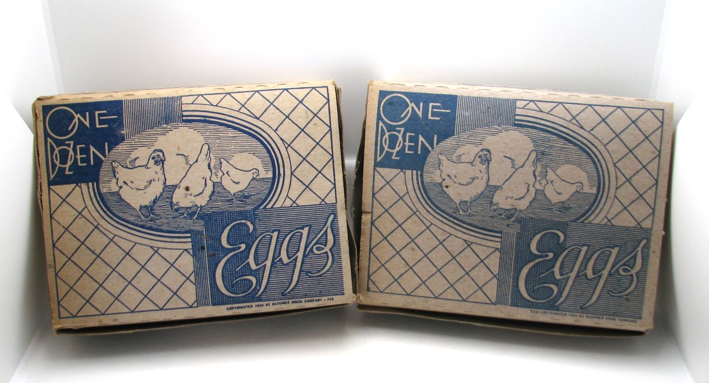 Two Vintage Bloomer Bros. 1934 Cardboard Chicken Egg Cartons w/21 Display Eggs