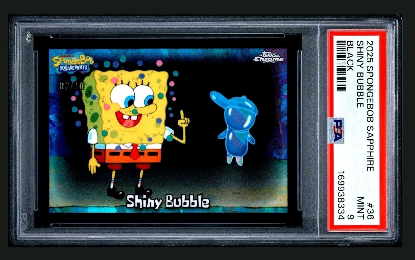 2025 Topps Chrome Sapphire Spongebob Shiny Bubble Black Refractor /10 PSA 9