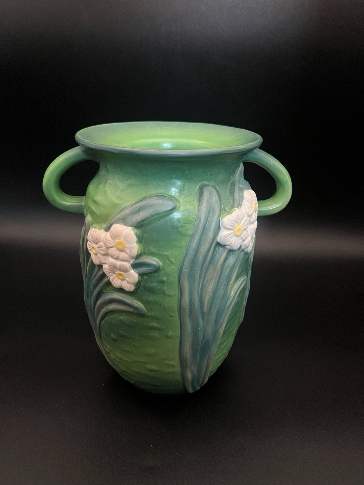 Roseville Style Art Pottery Vase 10 Inch Tall Raised White Rose Pattern Roseville Style Art Pottery Vase 10 Inch Tall Raised White Rose Pattern