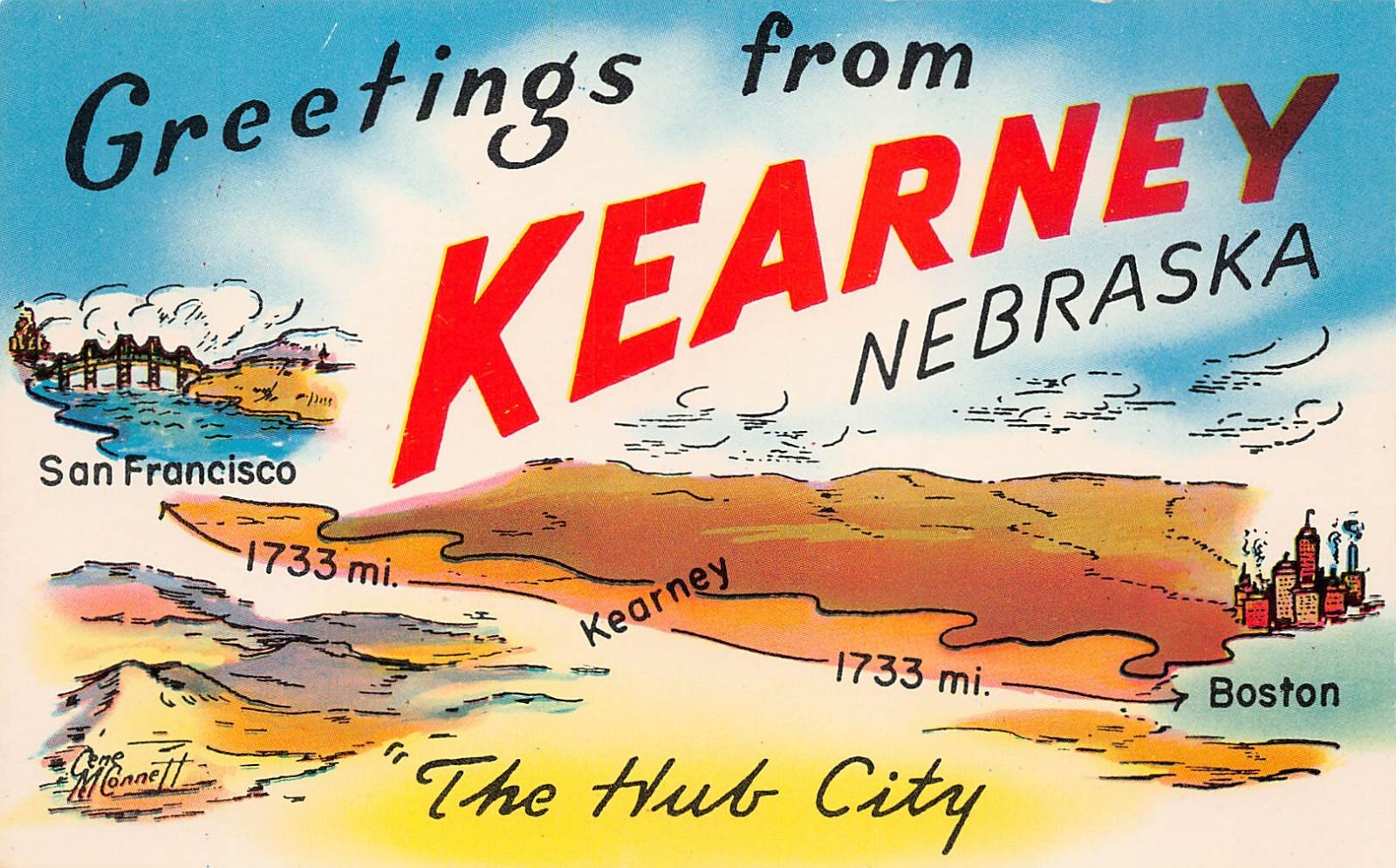 Greetings Kearney NE Nebraska Large Letters Gene McConnell Art Vtg Postcard Y6
